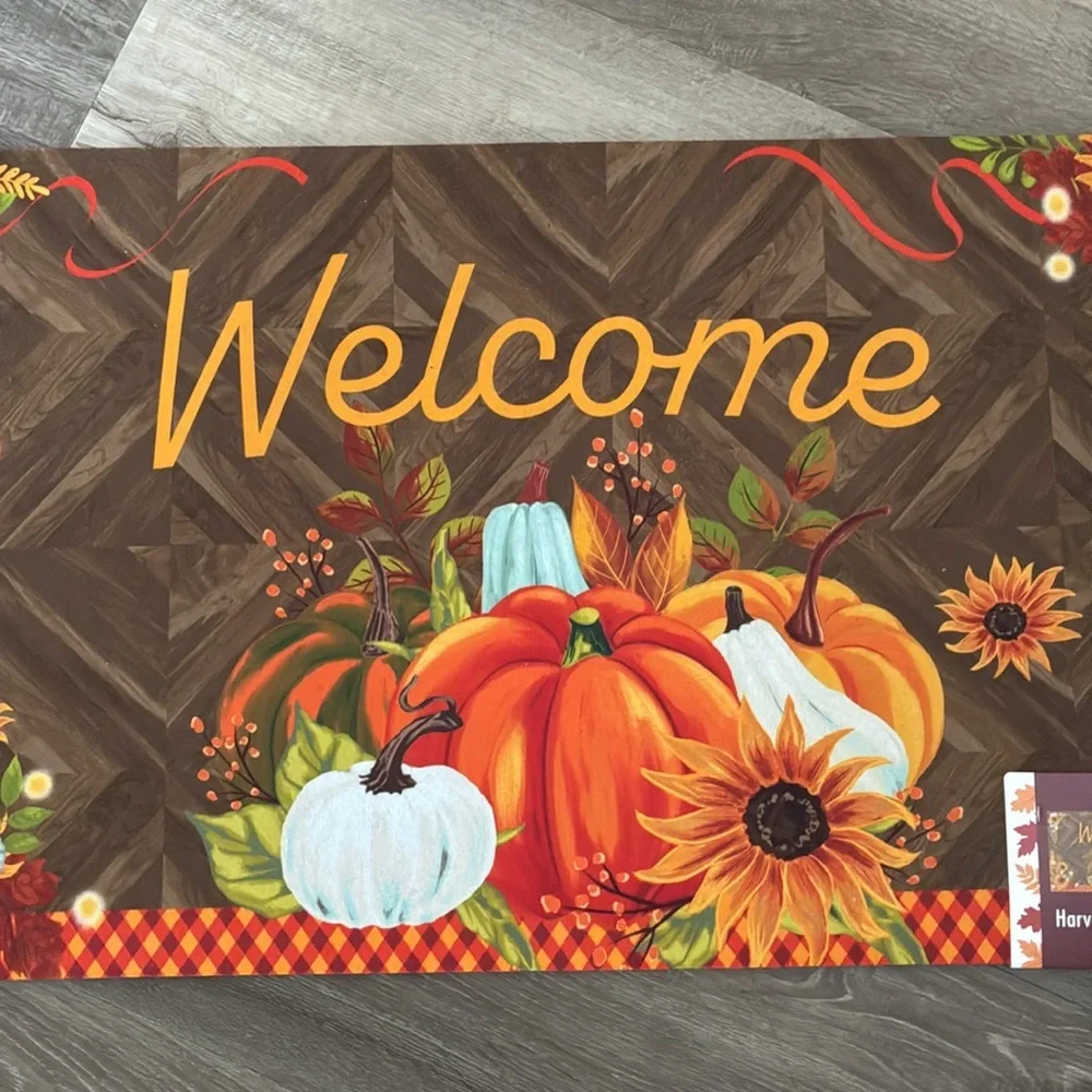 NWT- Fall Harvest- WELCOME Doormat with Pumpkins and Sunflowers- 16x28